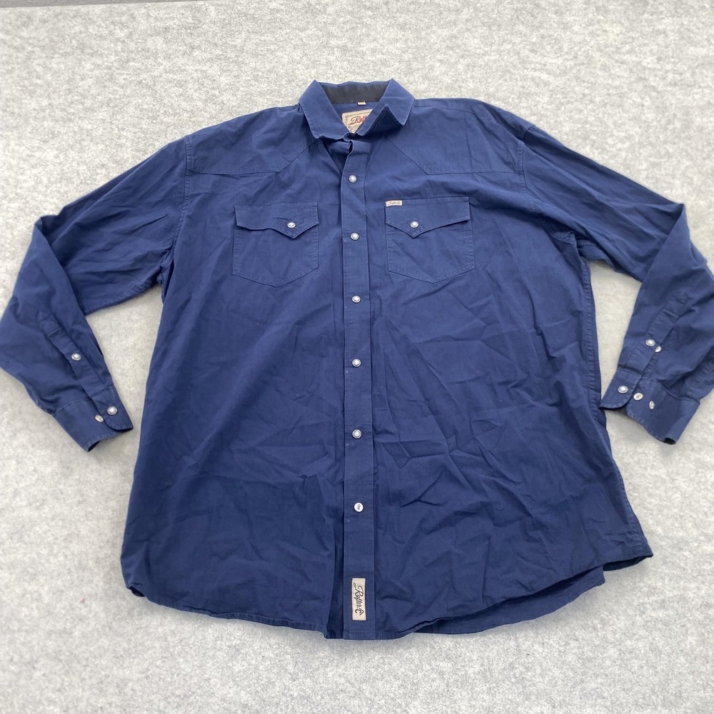 Rafter C Shirt Mens 2XL Blue Solid Western Snap Long Sleeve Cowboy *STAIN*